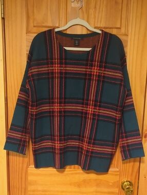 Tahari Teal Plaid Pullover Sweater